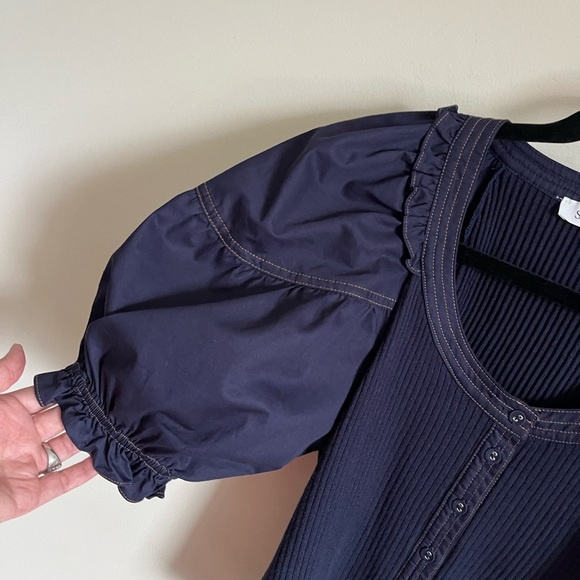 Sofie The Label Blue Exaggerated Puff Sleeve Cropped Button Up Blouse Sz  L EUC - Picture 3 of 16
